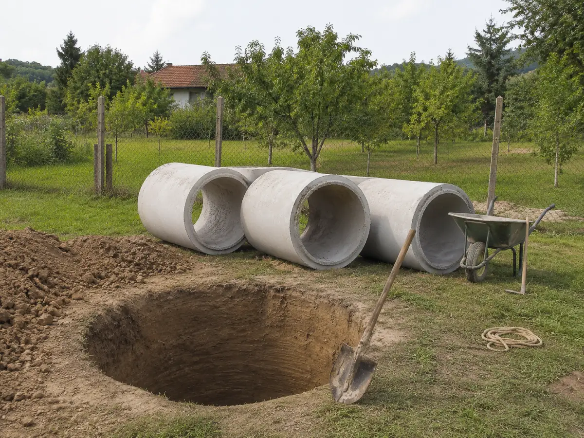 Bušenje bunara sa pripremljenim betonskim cevima na terenu